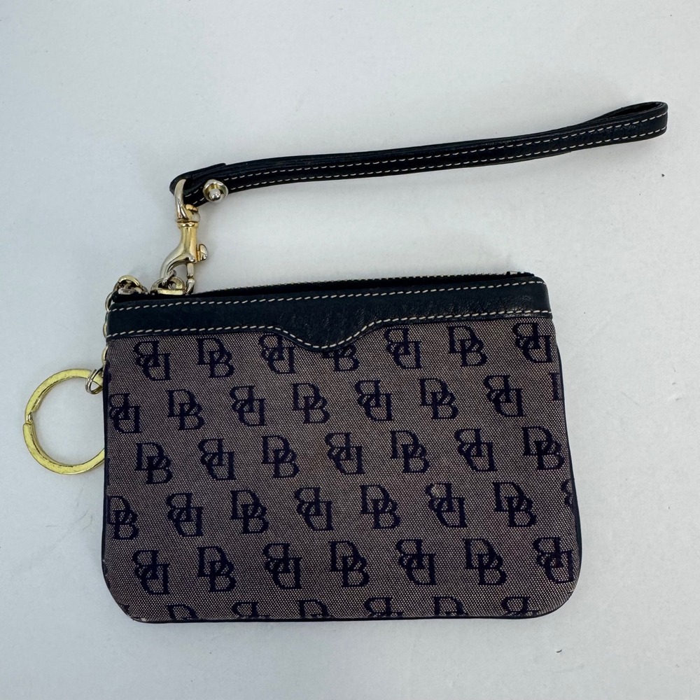 Dooney & Bourke Signature Monogram Canvas Wristlet Pouch Navy Black Leather Trim